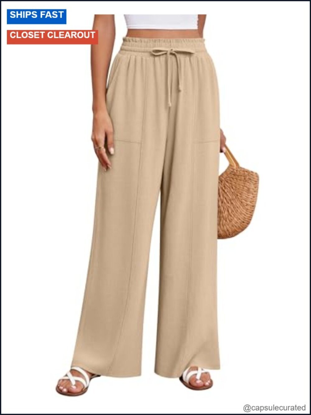 Women's Linen Wide Leg Pants, High Waist Palazzo with Pockets Drawstring